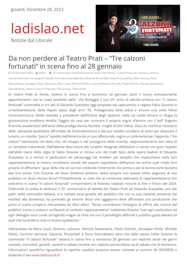 Da non perdere al Teatro Prati – "Tre calzoni fortunati" in scena fino al 28 gennaio